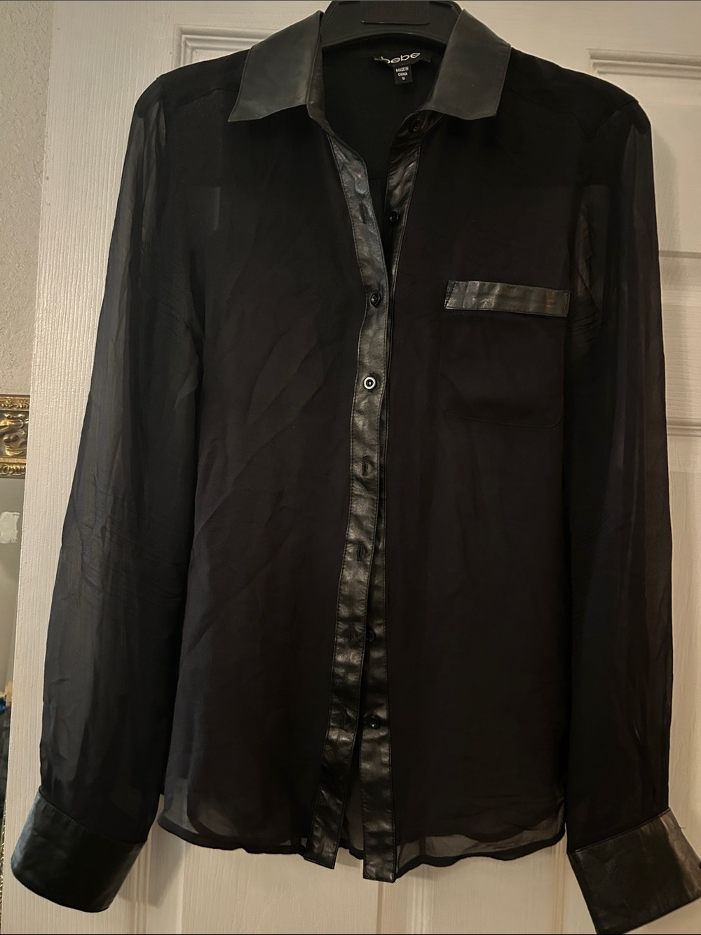 bebe Black Sheer Button-Front blouse with Faux Leather Trim